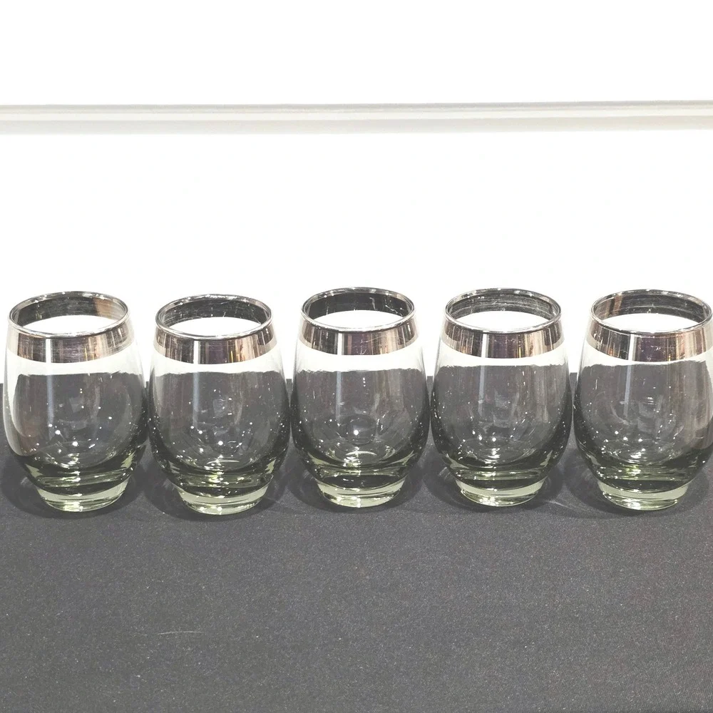 Vintage MCM Drinkware Smoke Green Barware Metallic Trim Retro Stemless‎ Set of 5